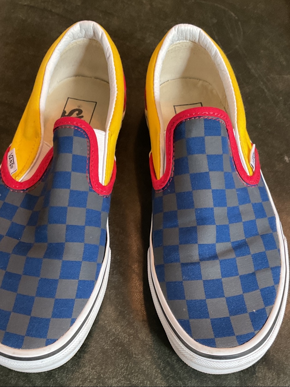 Vans Men’s sz 6.5 slip-on Sneakers Wo- Blue & Gray Checkerboard w/ Yellow Red